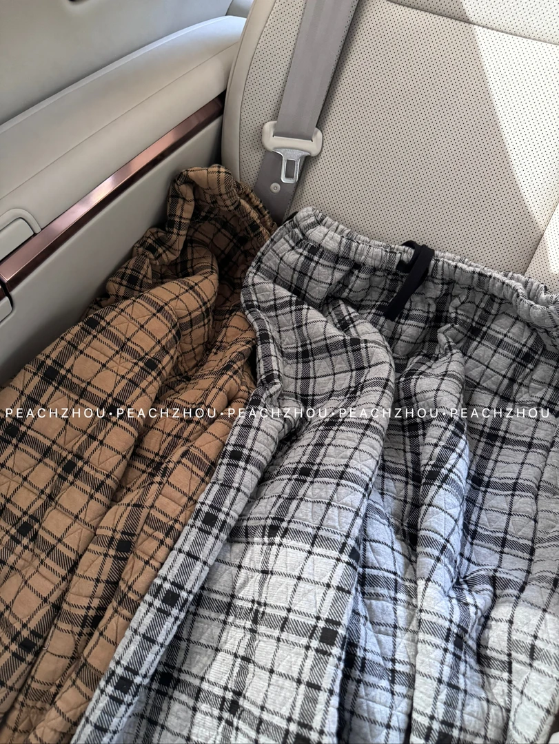 『PEACHZHOU』菱形撞色格纹夹棉宽松直筒休闲裤松紧腰阔腿九分棉裤