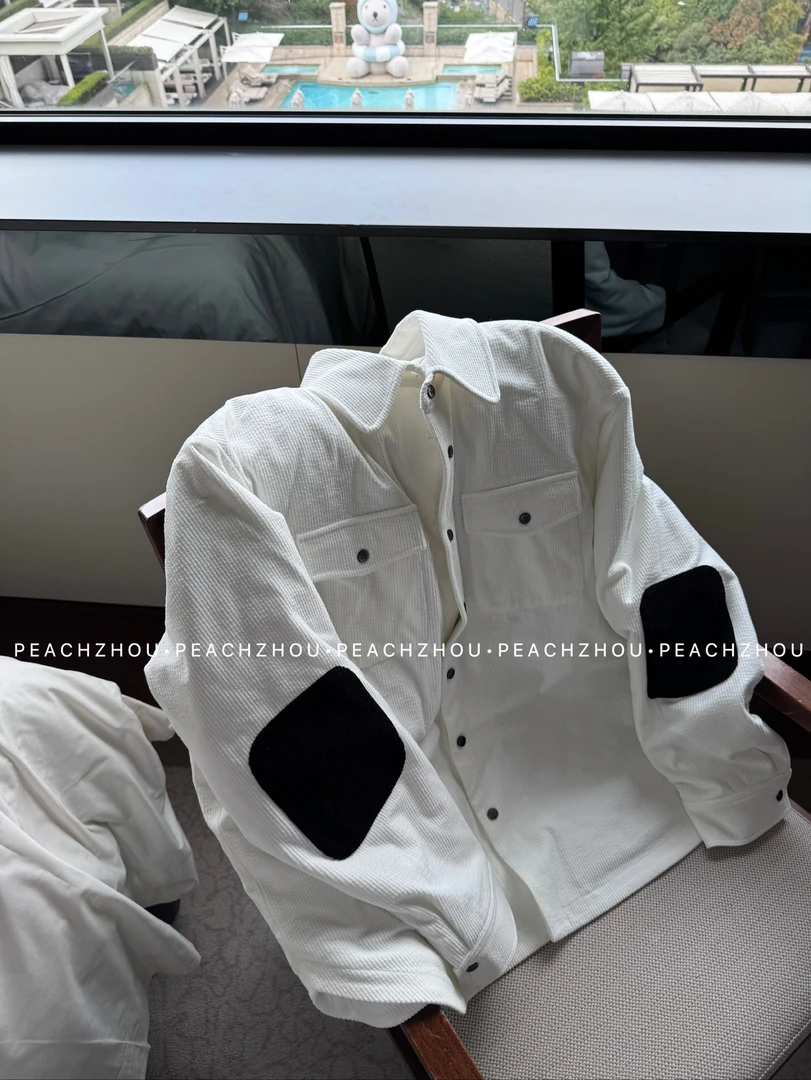 『PEACHZHOU』灯芯绒坑条补丁宽松夹棉外套休闲保暖中性衬衫式棉服