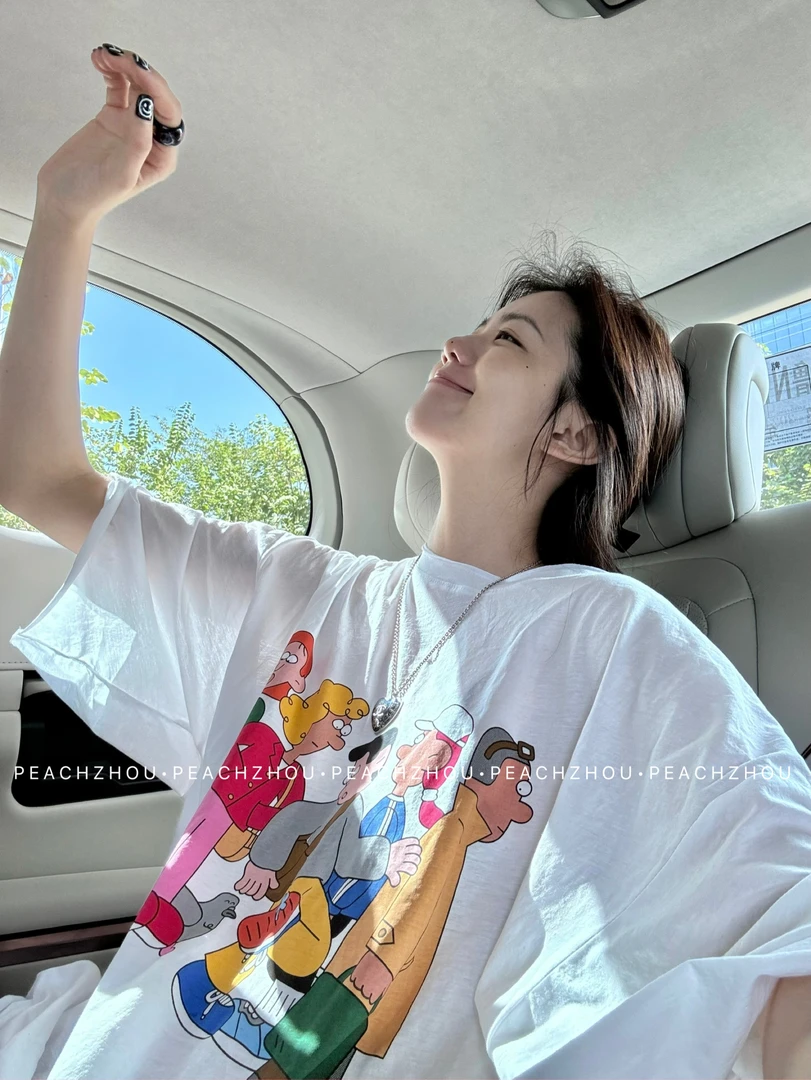 『PEACHZHOU』亲肤新疆棉卡通印花中线宽松圆领短袖休闲减龄内搭T恤