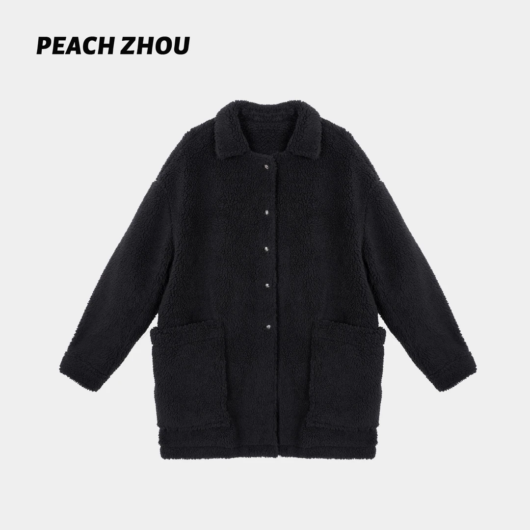 『PEACHZHOU』毛毛六芒星纽扣宽松翻领毛呢外套休闲中长款保暖大衣