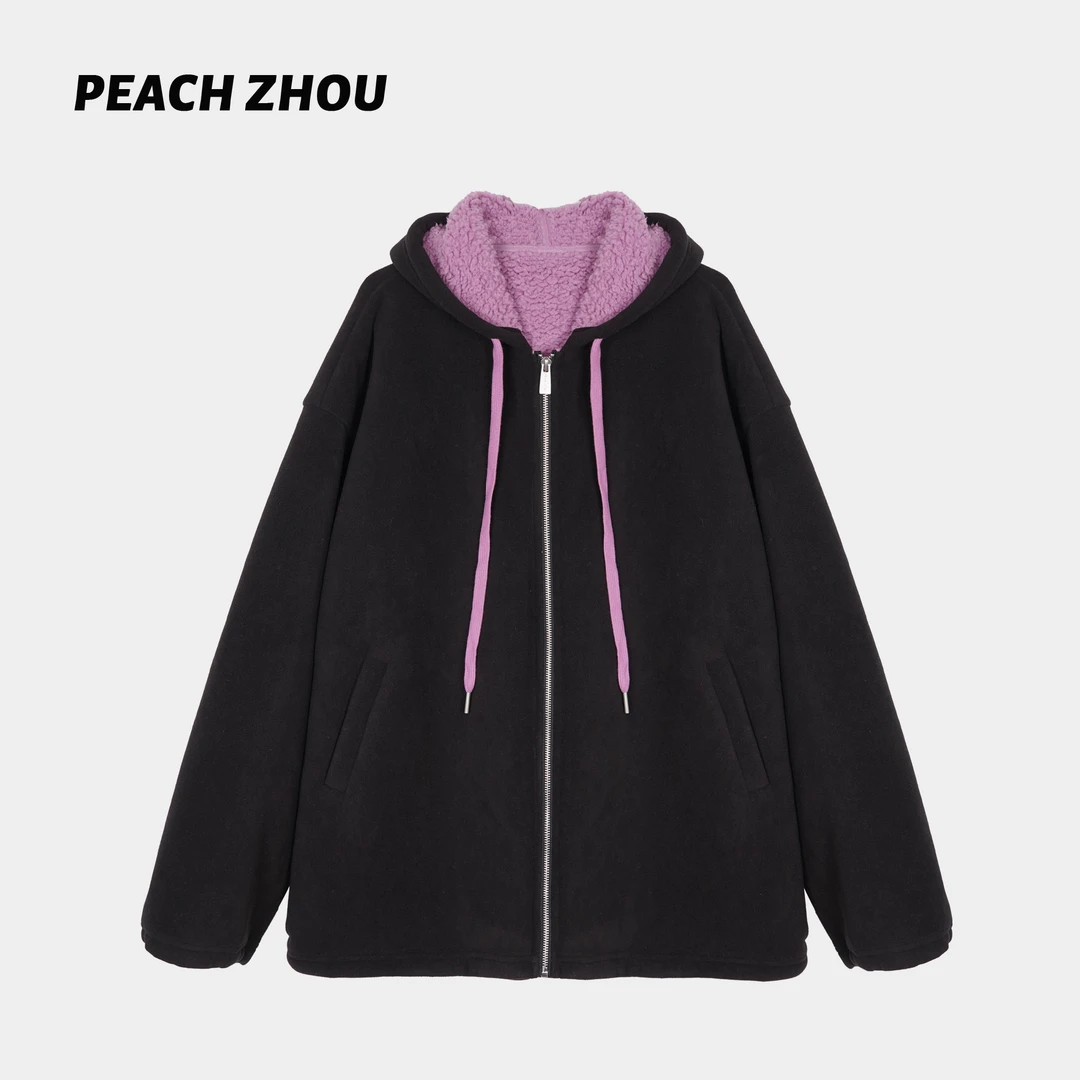 『PEACHZHOU』撞色摇粒绒加厚绒感宽松连帽外套休闲百搭保暖夹克女
