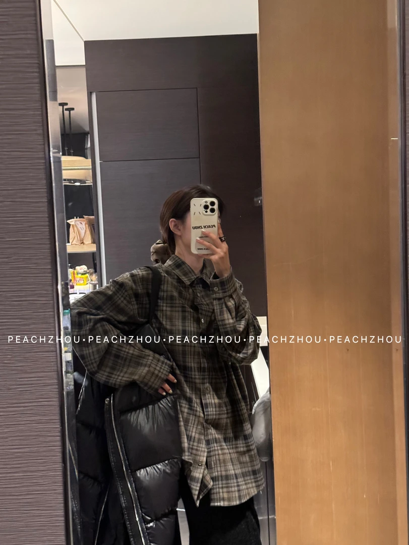 『PEACHZHOU』复古格纹磨毛宽松翻领廓形衬衫休闲百搭慵懒中性衬衣