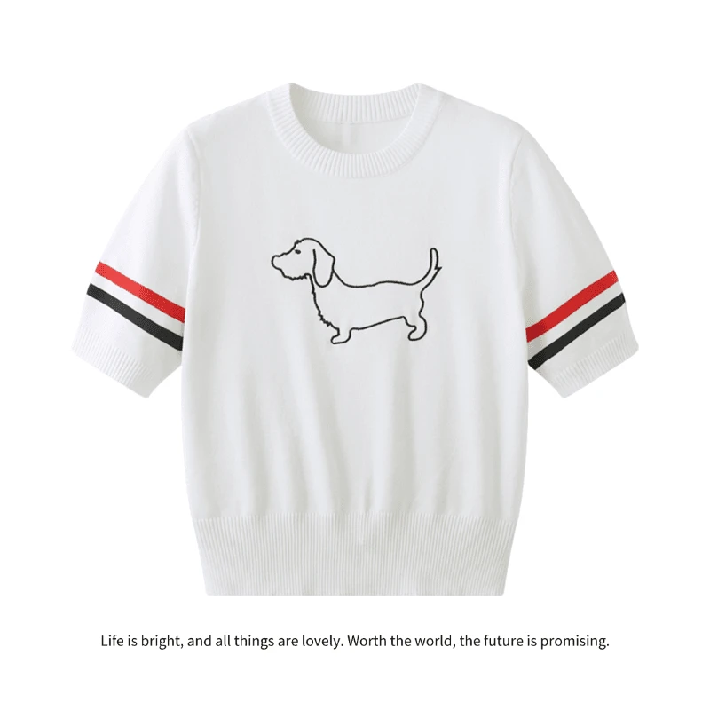 简约刺绣小狗新款双杠针织衫女款上衣宽松短袖圆领学院风收腰0039