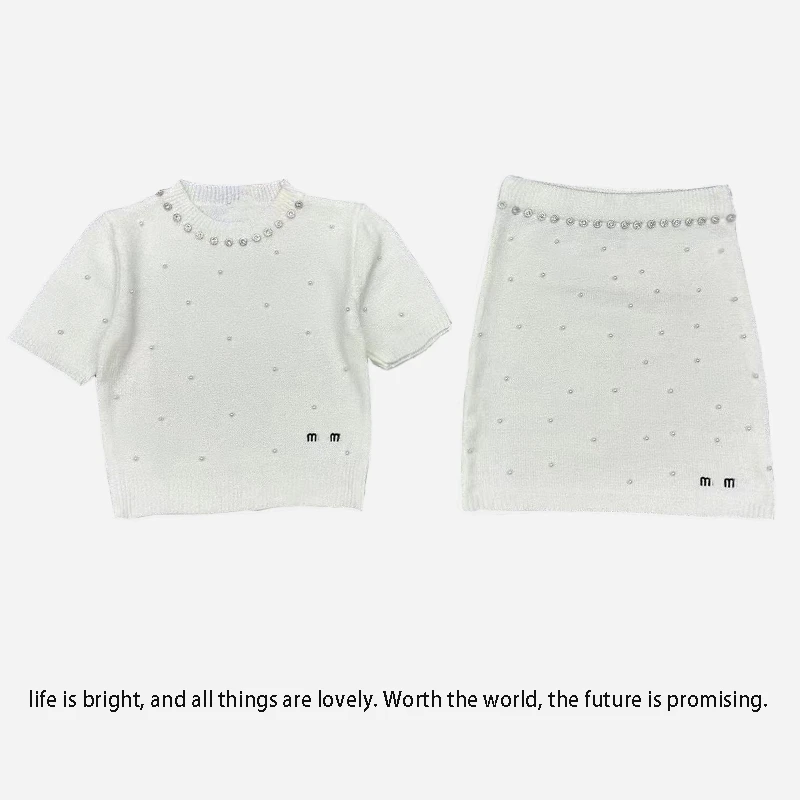 轻奢重工钉珠珍珠圆领短袖针织衫包臀高腰半身两件套时尚显瘦0038