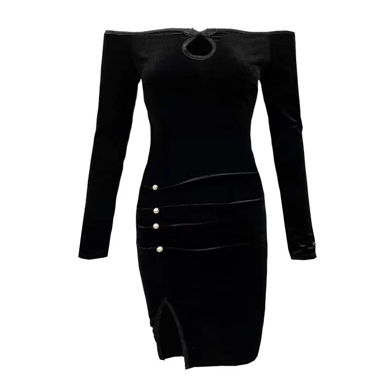 【国风】2035#一字领丝绒连衣裙