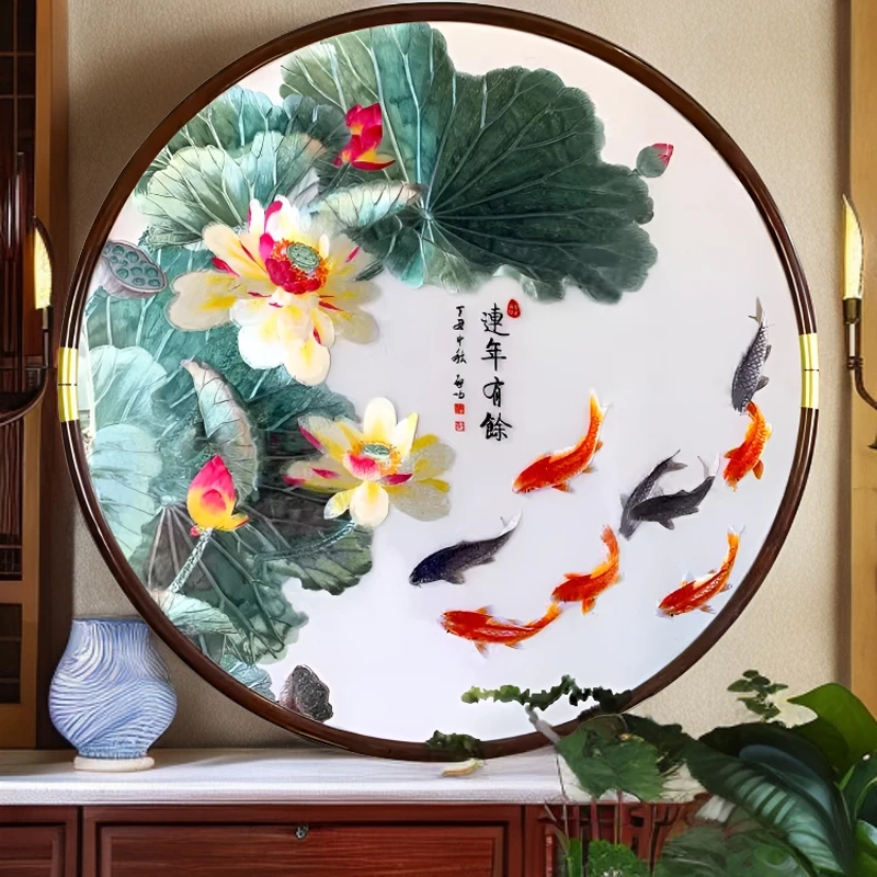 苏绣【圆形】柏绣格新中式刺绣装饰画客厅玄关卧室餐厅过道连年有鱼