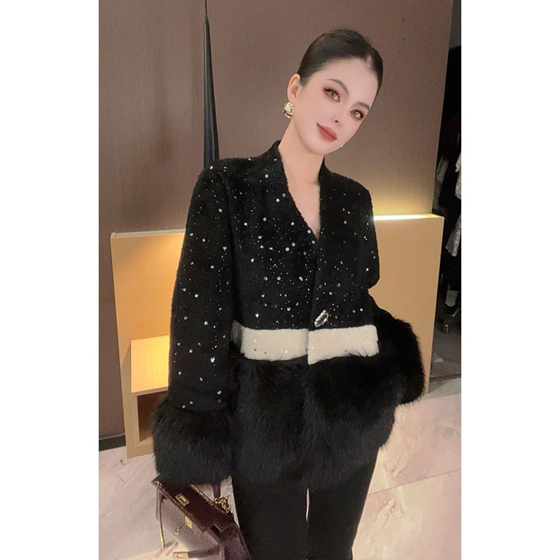 重工V领亮片拼接毛毛外套WT30170