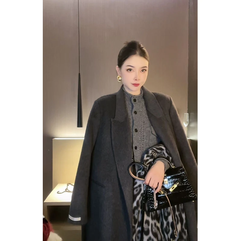 翻领光板双面呢中长款外套WT27942