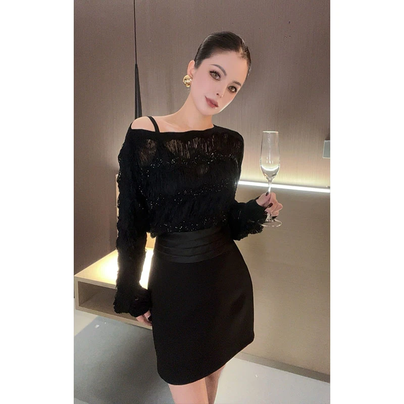 （特价）烫钻镂空拼接针织长袖上衣CS27861