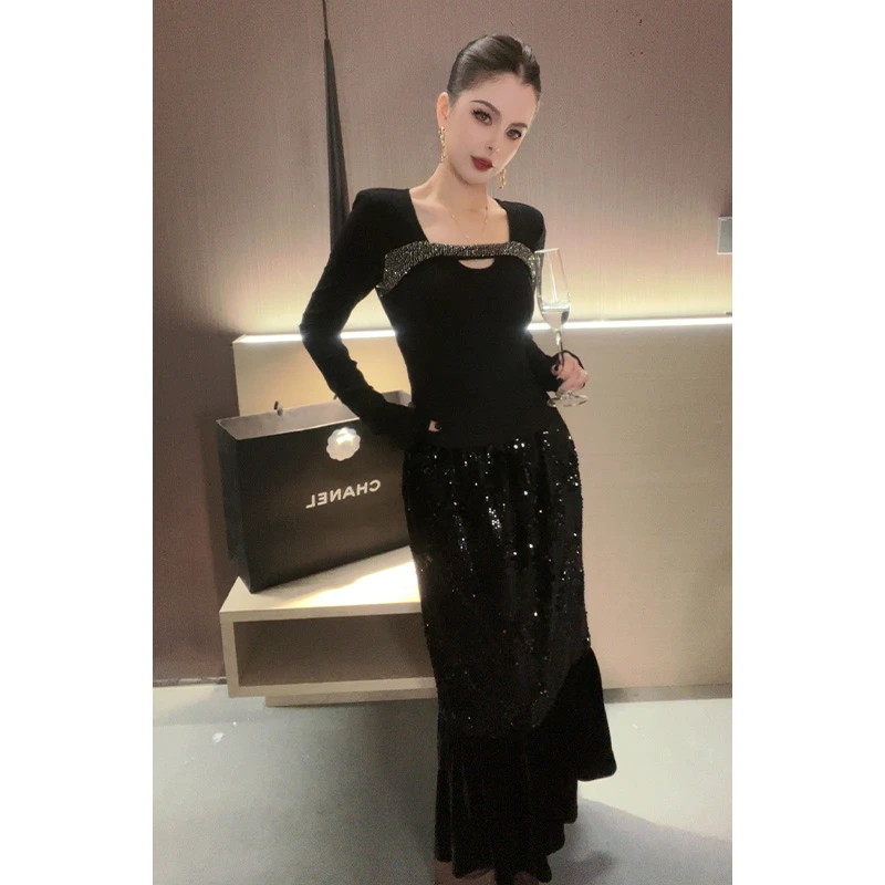 （特价-松紧腰）亮片拼接丝绒鱼尾半身裙Q27179