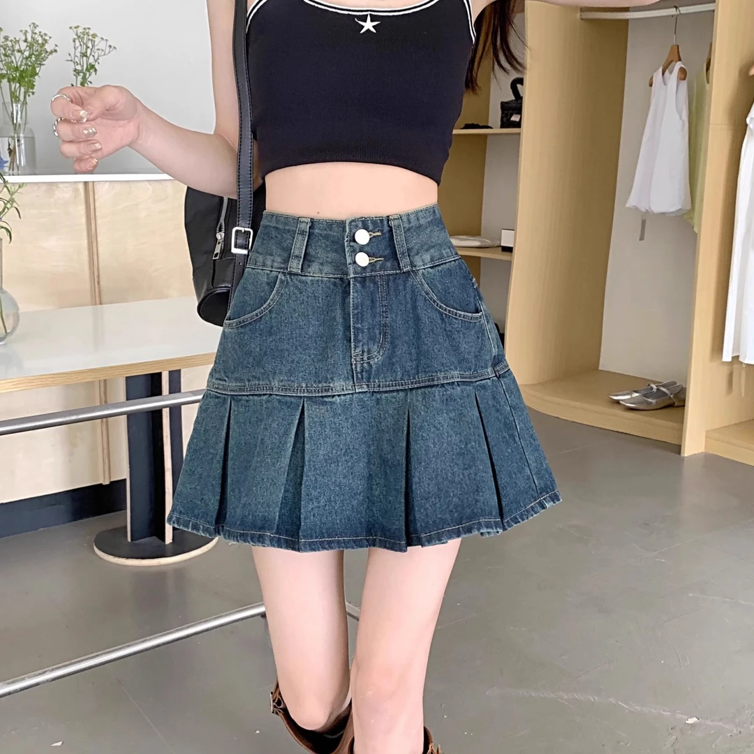 【梦娇惜】高腰百褶牛仔半身裙大码胖mm遮肚显瘦设计感a字短裙子z
