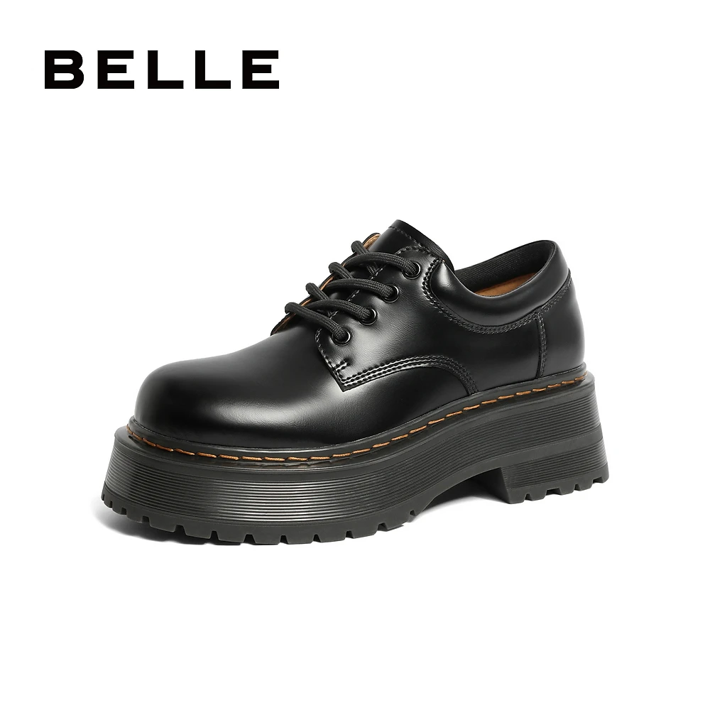 百丽时尚真皮英伦风牛津鞋女新款粗跟百搭复古厚底乐福鞋B1565CM3