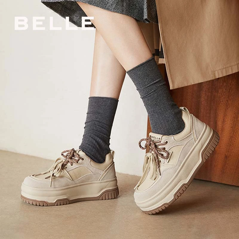 百丽拼色休闲板鞋女2025春新款商场同款复古增高厚底板鞋D2V1DAM5