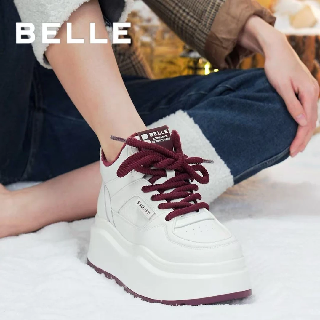 百丽新派简约休闲高帮板鞋女冬商场同款厚底白鞋保暖鞋子D4S1DDM4