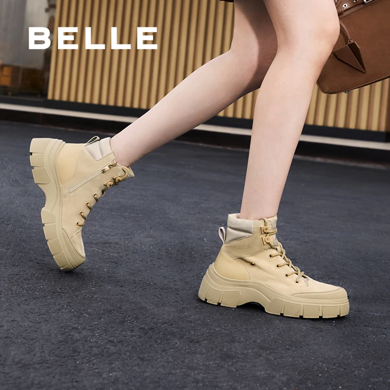 百丽增高厚底工装靴女冬新商场同款真皮户外徒步短马丁靴B8S1DDD4