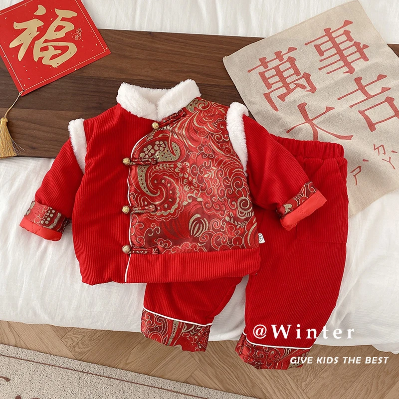儿童拜年服套装国风0-6岁女童过年衣服男宝宝唐装上衣长裤两件套