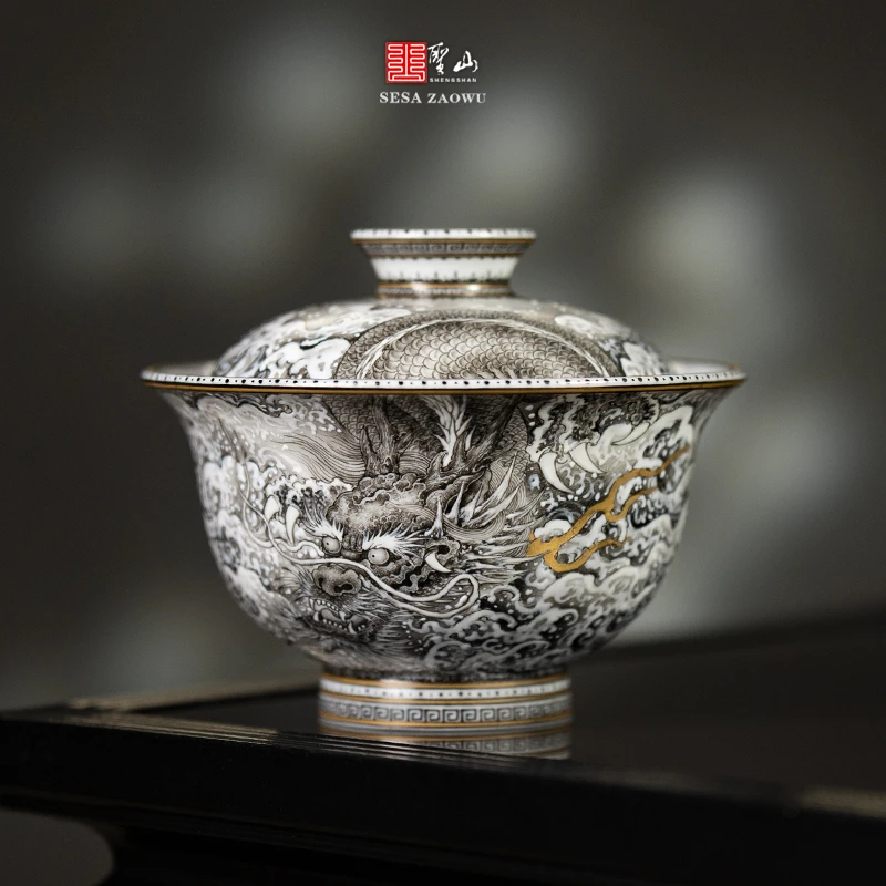 圣山高端粉彩茶具景德镇手工手绘粉彩墨龙盖碗茶杯泡茶盖碗