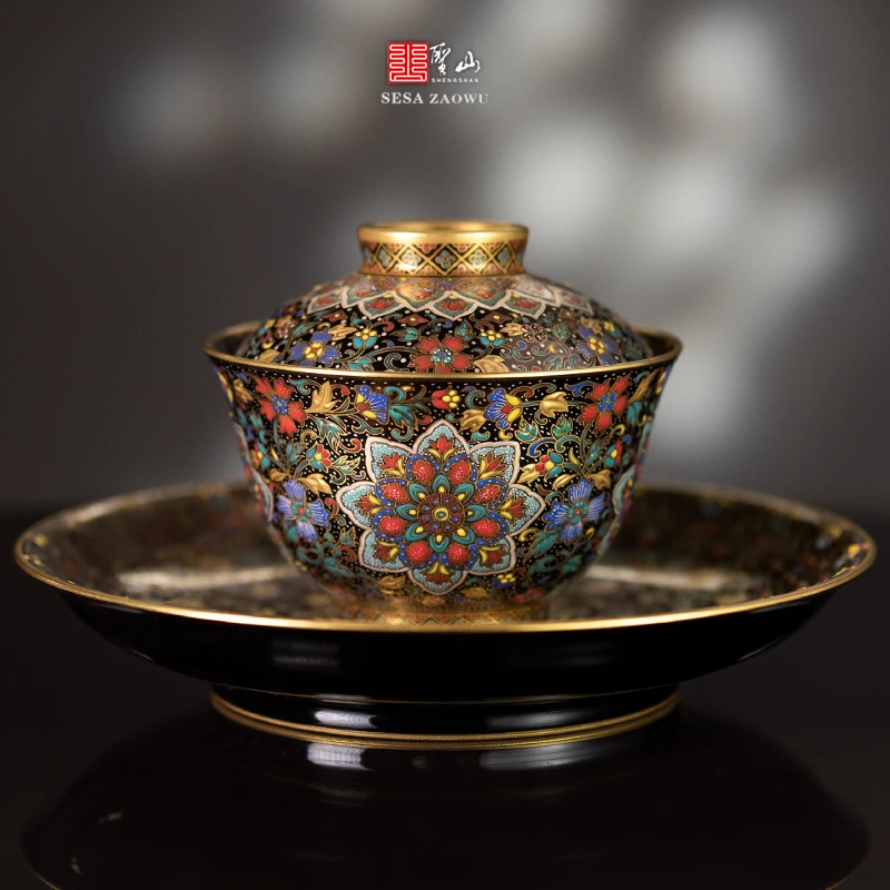 圣山高端乌金釉措金银粉彩缠枝落英盖碗茶具景德镇陶瓷茶具盖碗