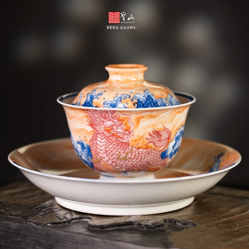 圣山仿古青花斗彩矾红描金麒麟茶具盖碗景德镇手绘陶瓷盖碗泡茶碗