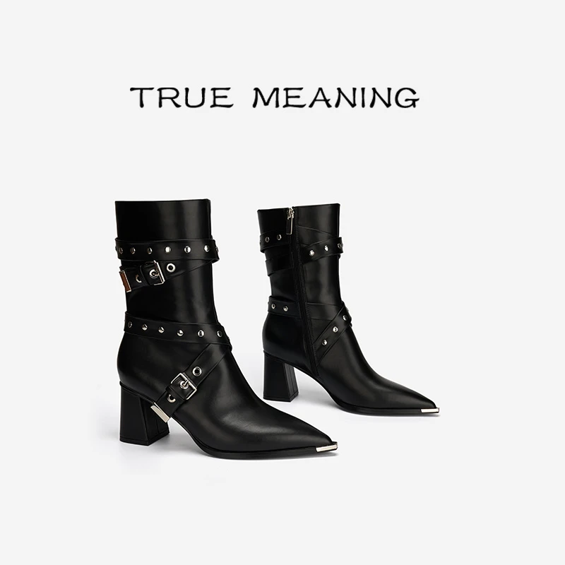 真谛爆款时装中筒马丁靴时尚黑色女士尖头百搭中跟绒里