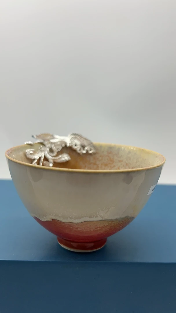 主人杯色釉柴烧杯全手工茶具陶瓷银包边，凤凰吉祥款