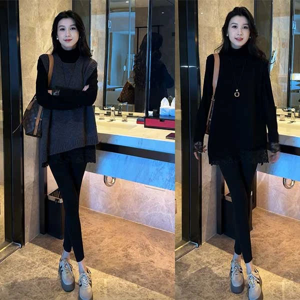 秋冬新款质气百搭针织不规则马甲+蕾丝打底衫上衣+打底裤套装