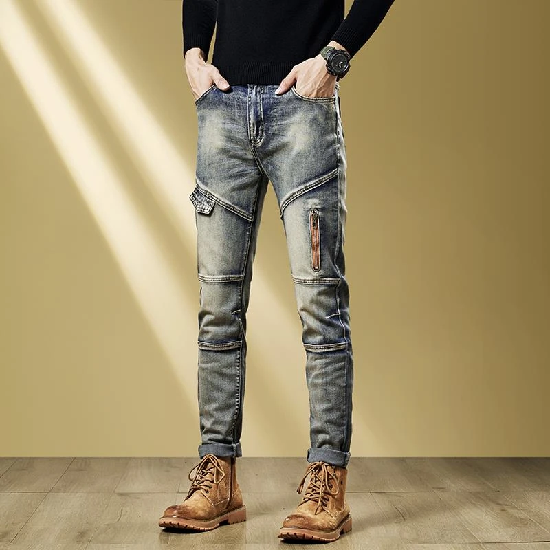 2024秋冬潮牌机车牛仔裤男复古怀旧修身弹力个性拼接小男裤春秋款