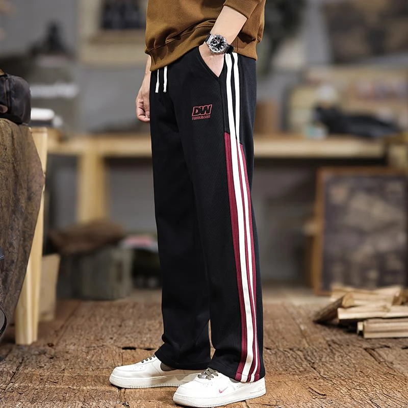 秋季美式潮牌撞色拼接休闲裤男宽松直筒简约百搭长裤运动卫裤百搭