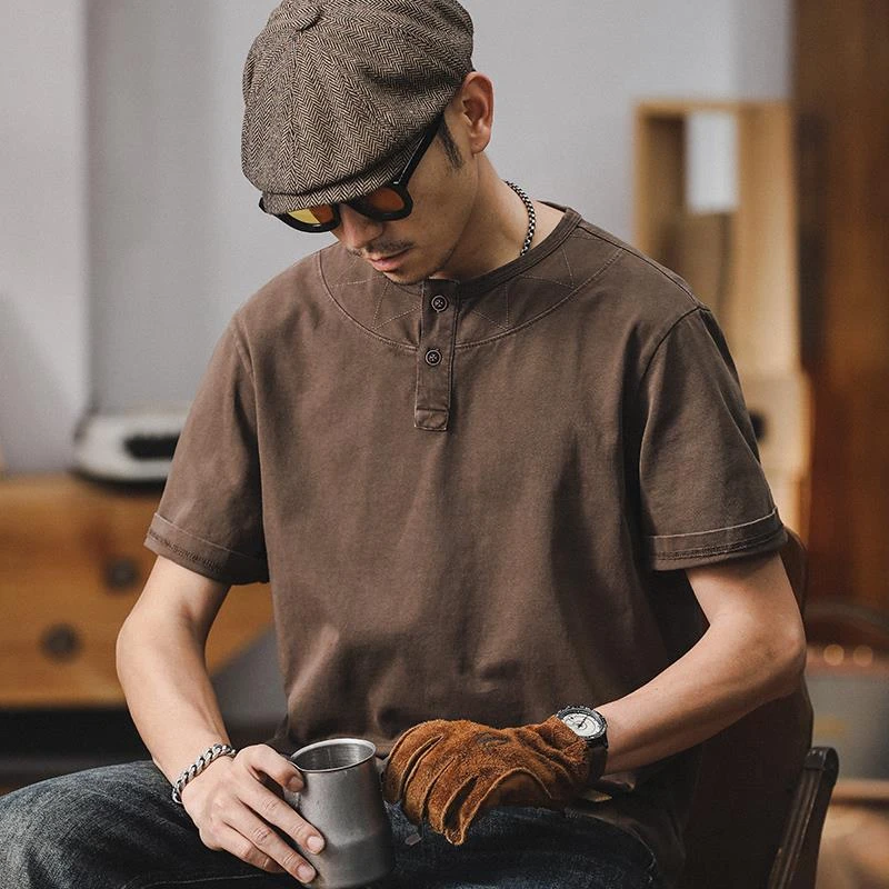 330克夏季美式重磅短袖T恤男宽松复古水洗亨利领体恤男纯棉打底衫
