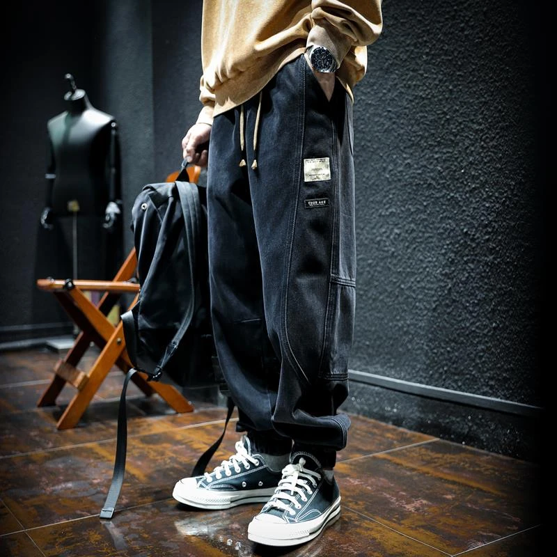 秋冬美式束脚牛仔裤男宽松潮牌冬季加绒裤子男士工装裤韩版哈伦裤