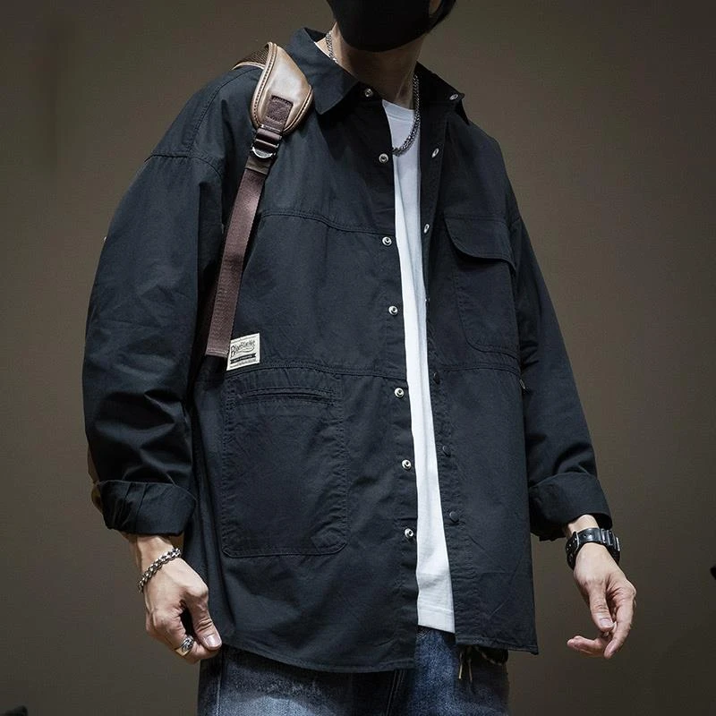 痞帅外套春秋新款衬衫男长袖纯棉宽松美式休闲衬衣青年复古简约