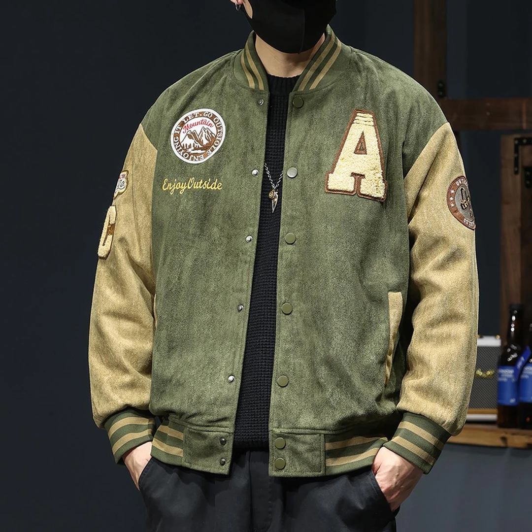 秋季鹿皮绒复古刺绣棒球服男士春秋新款美潮牌徽章休闲夹克外套男
