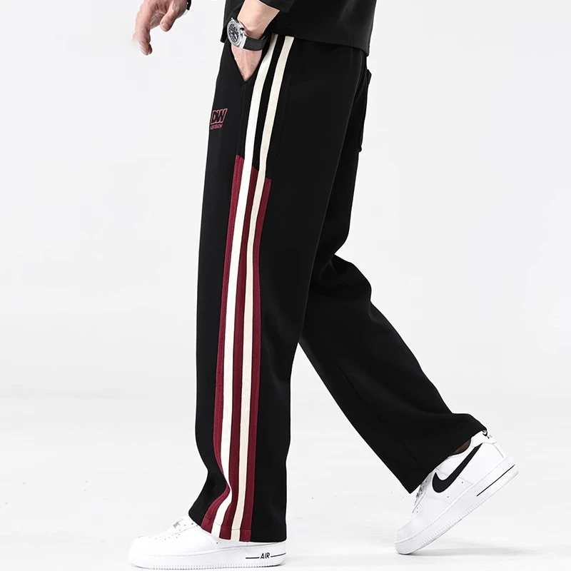 黑色秋季高端男士休闲裤运动宽松直筒裤子潮牌条纹阔腿卫裤男百搭