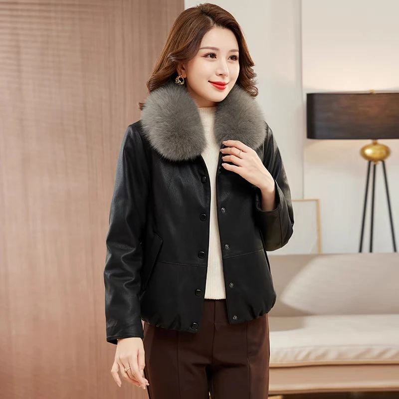 海宁皮衣加绒加厚带毛领冬季新款女外套显瘦皮衣女款爆款2025新款