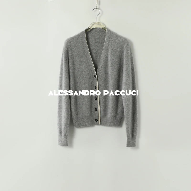 【孤品特价不退不换】洛哥43121SK【绒絮】羊绒拉毛V领撞色针织开衫