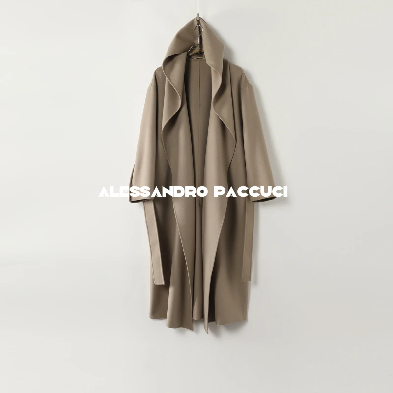 AP洛哥44038DY【秘语】绵羊毛双面呢连帽腰带气质百搭长大衣2024冬