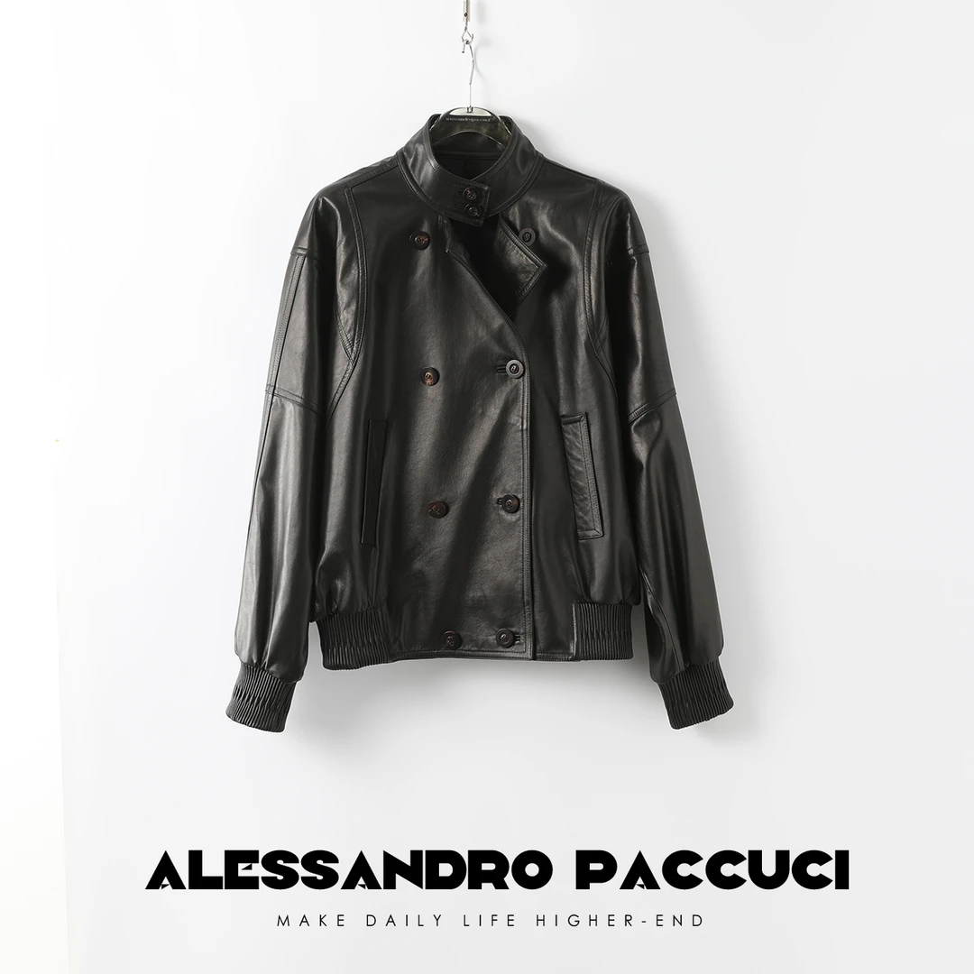 AP洛哥23977X【掠影】无涂层napa小牛皮双排扣黑色百搭飒美皮衣外套