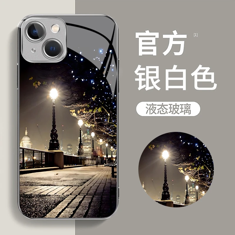 适用苹果14Plus新款时尚潮流夜景许愿瓶电镀银玻璃手机壳
