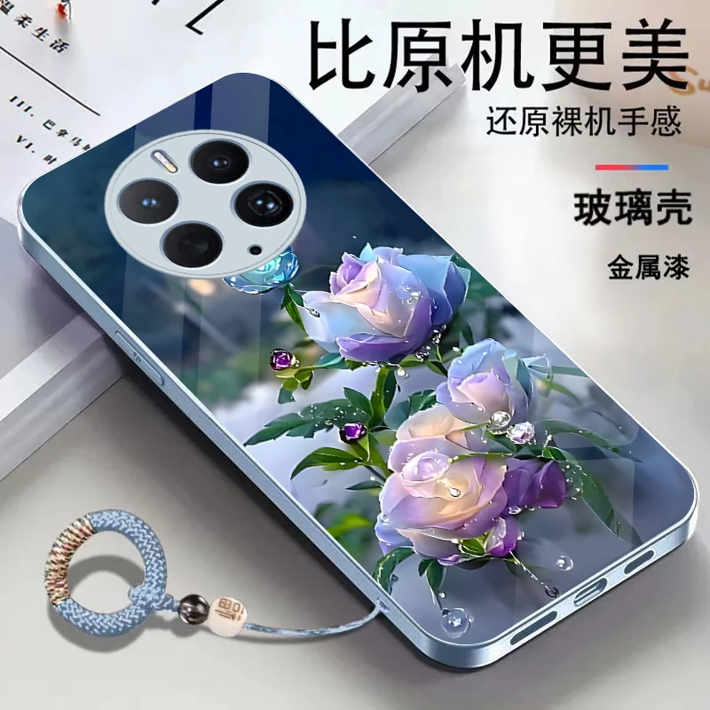 适用华为Mate50Pro金属漆玻璃花朵耐脏全包防摔挂绳手机壳