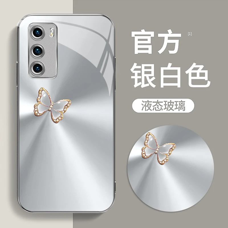 适用华为P40新款时尚高级感极光蝴蝶电镀银全包玻璃手机壳