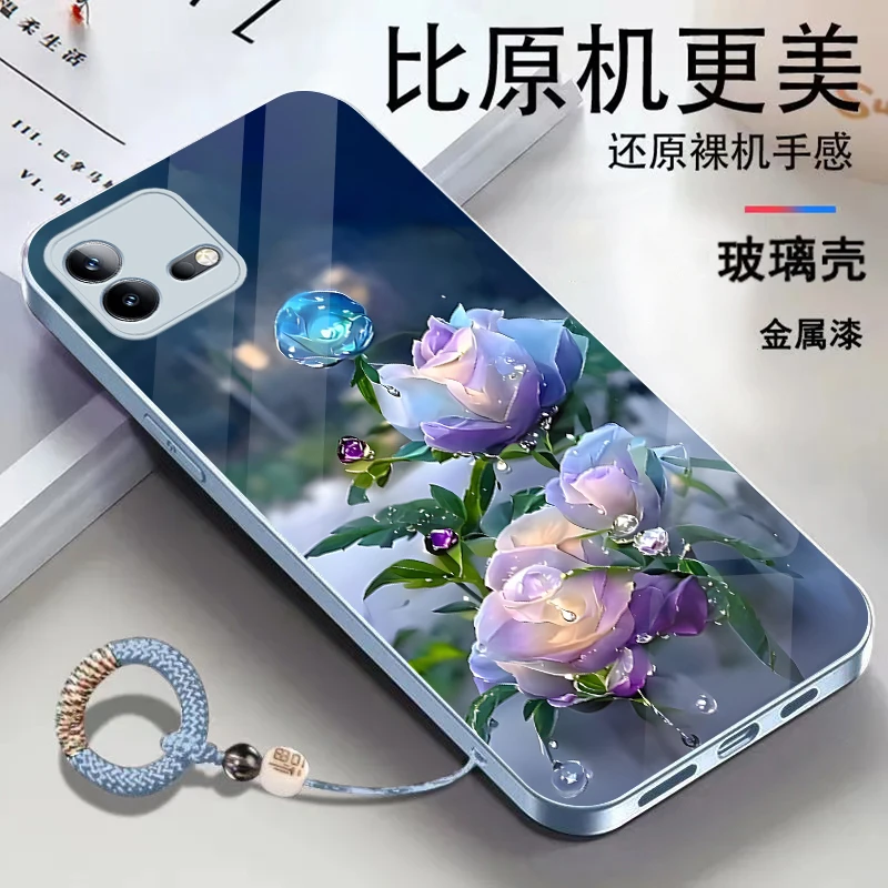 适用iQOONeo8金属漆玻璃花朵耐脏全包防摔挂绳手机壳