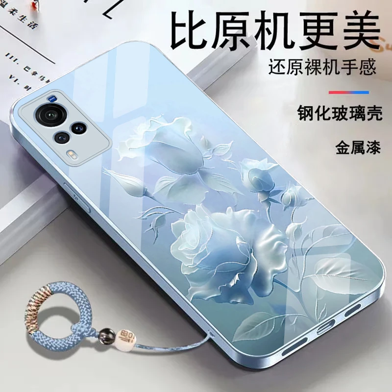 适用vivoX60时尚花朵个性防摔高档玻璃挂绳手机壳