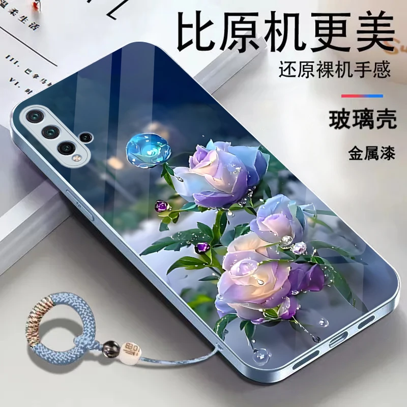 适用华为Nova5Pro金属漆玻璃花朵耐脏全包防摔挂绳手机壳