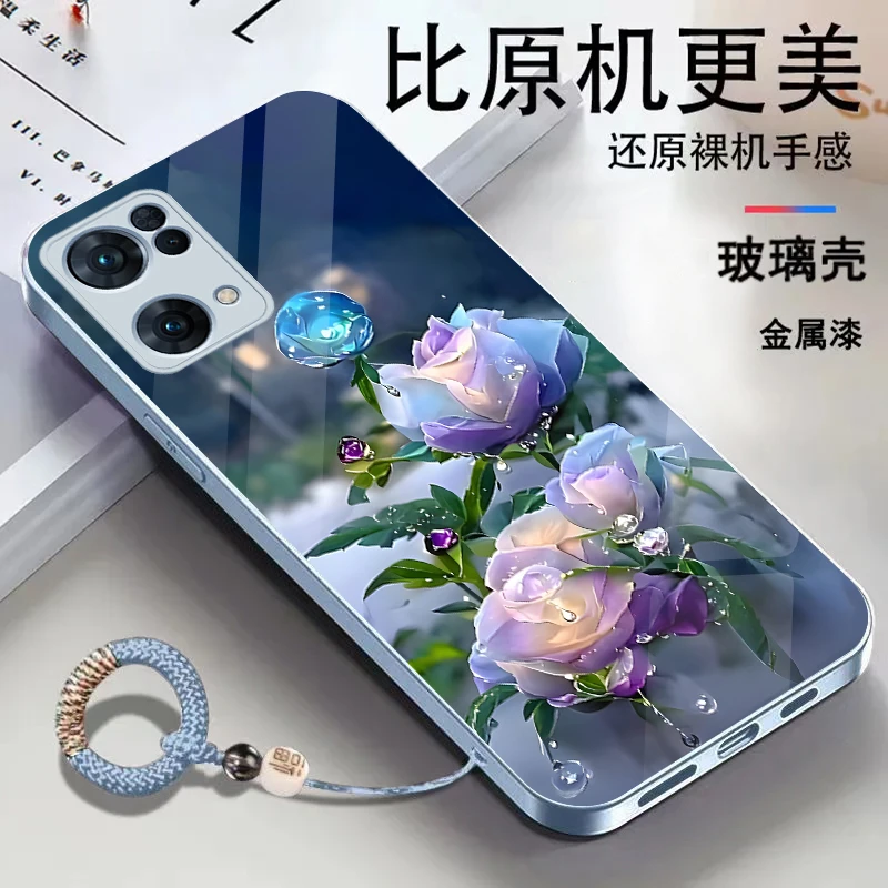 适用OPPOReno7Pro金属漆玻璃花朵耐脏全包防摔挂绳手机壳