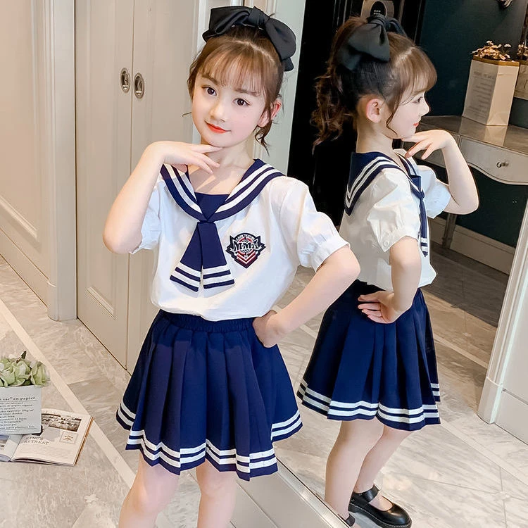 女童夏装2024新款中大童学院风套装百褶裙儿童洋气水手服两件套