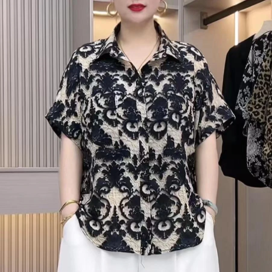 夏季新款时尚百搭洋气宽松显瘦薄款休闲短袖衬衫女士衬衣妈妈装