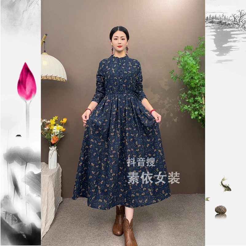 【SY】秋季时尚气质长袖复古女装收腰中长款抽绳遮肚显瘦外穿连衣裙