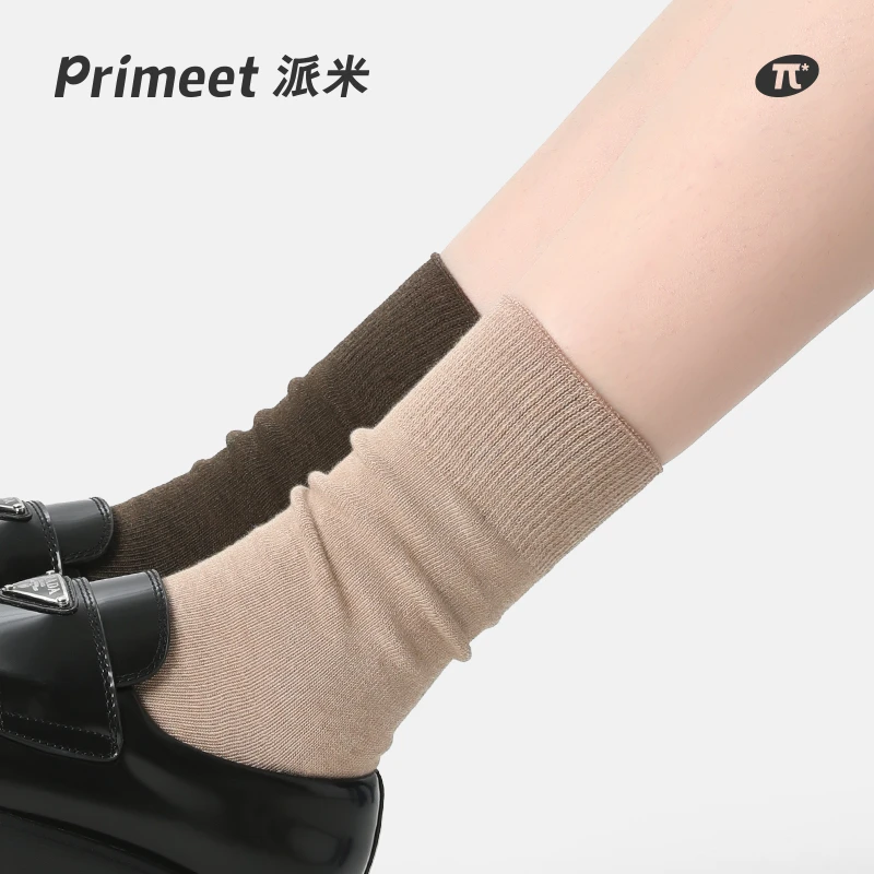 primeet棕色堆堆中筒袜女黑白色无骨袜子长筒长袜棉乐福鞋