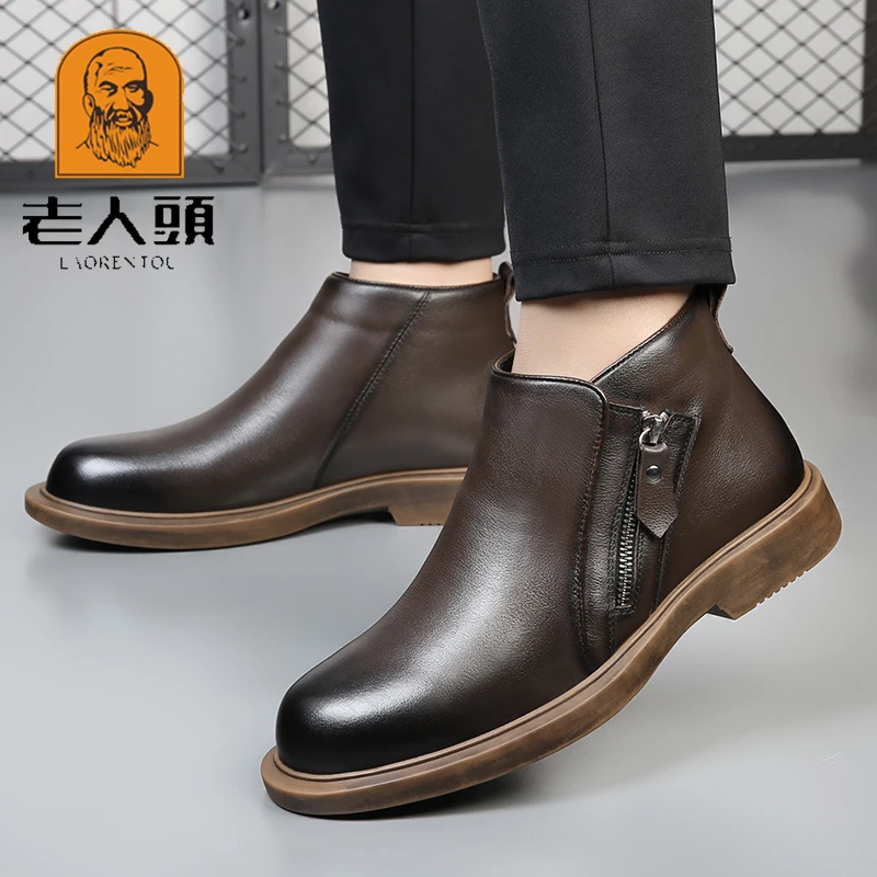 头层牛皮棉皮鞋英伦复古男士短靴冬季加绒保暖棉鞋美德拉风格皮靴