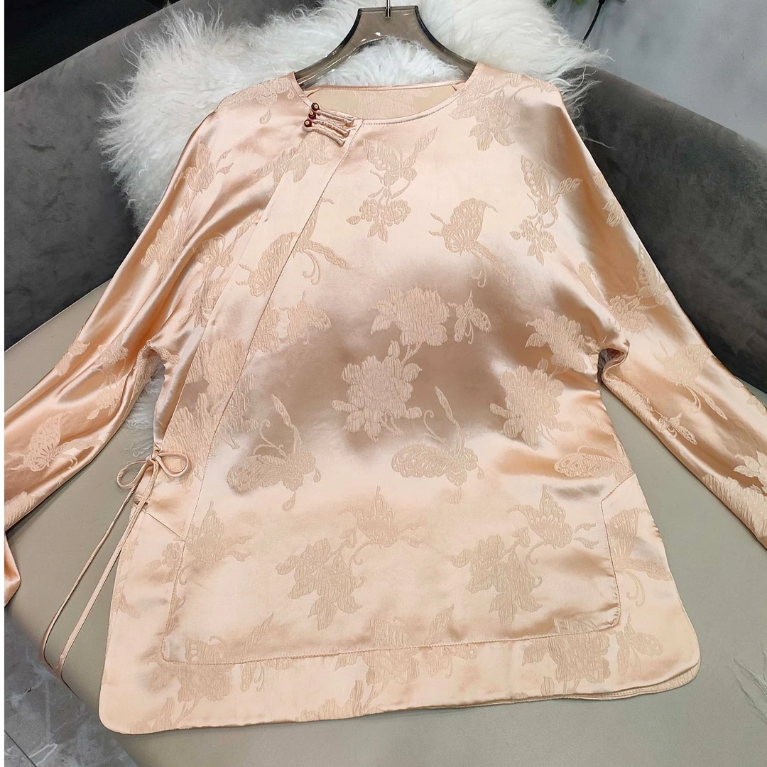 帛言 【香梦亦闻】冠乐皱提花斜襟上衣 宽松系带新中式圆领长袖